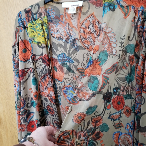 Sans Souci, tan orange green blue black kimono fringe cardigan, large - Picture 10 of 15